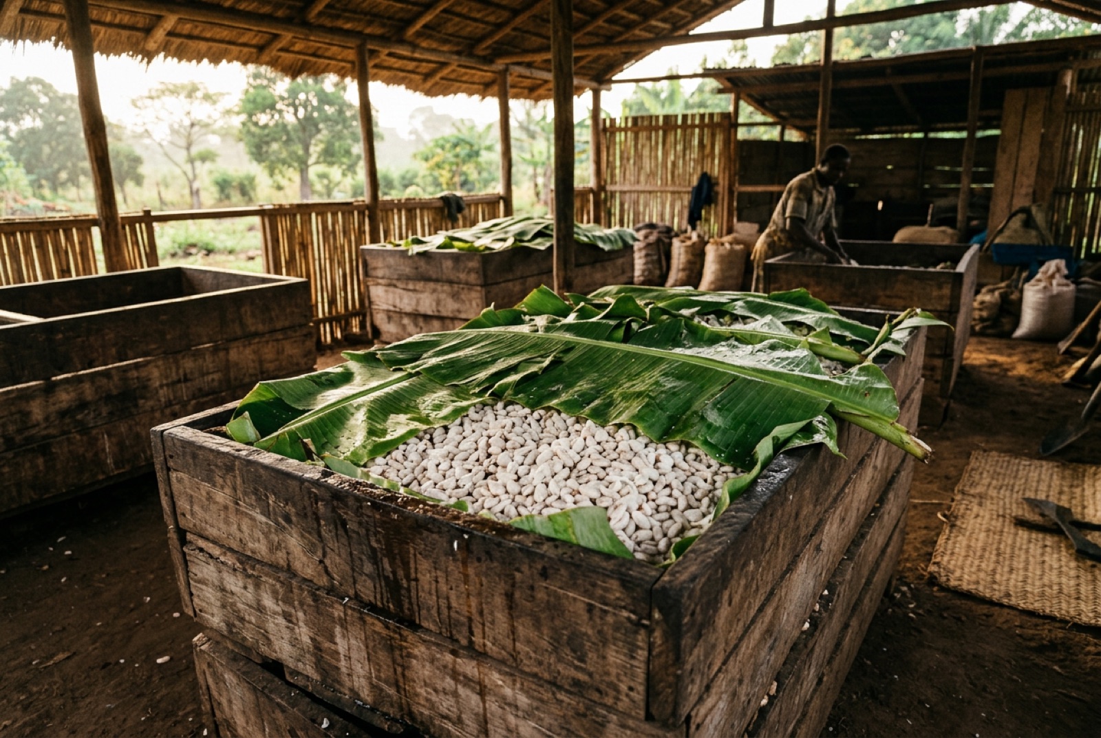 Fermentation boxes under banana leaves