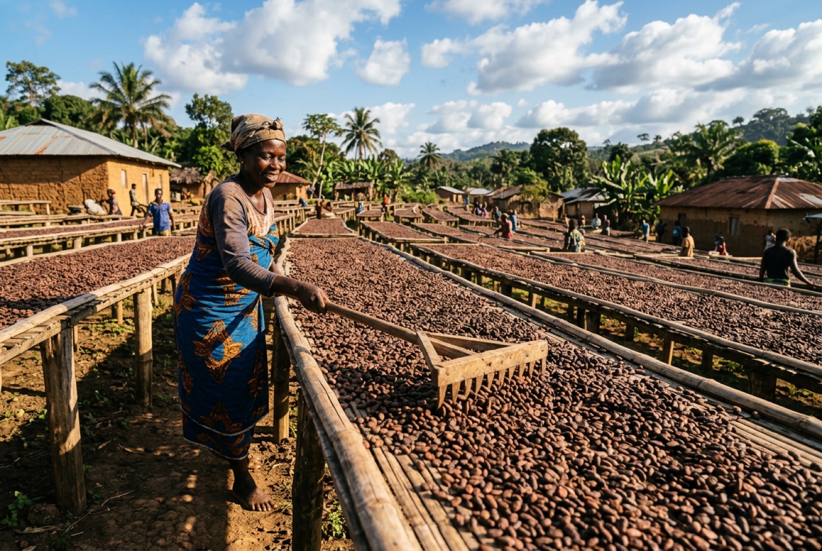 Turning beans on the drying tables